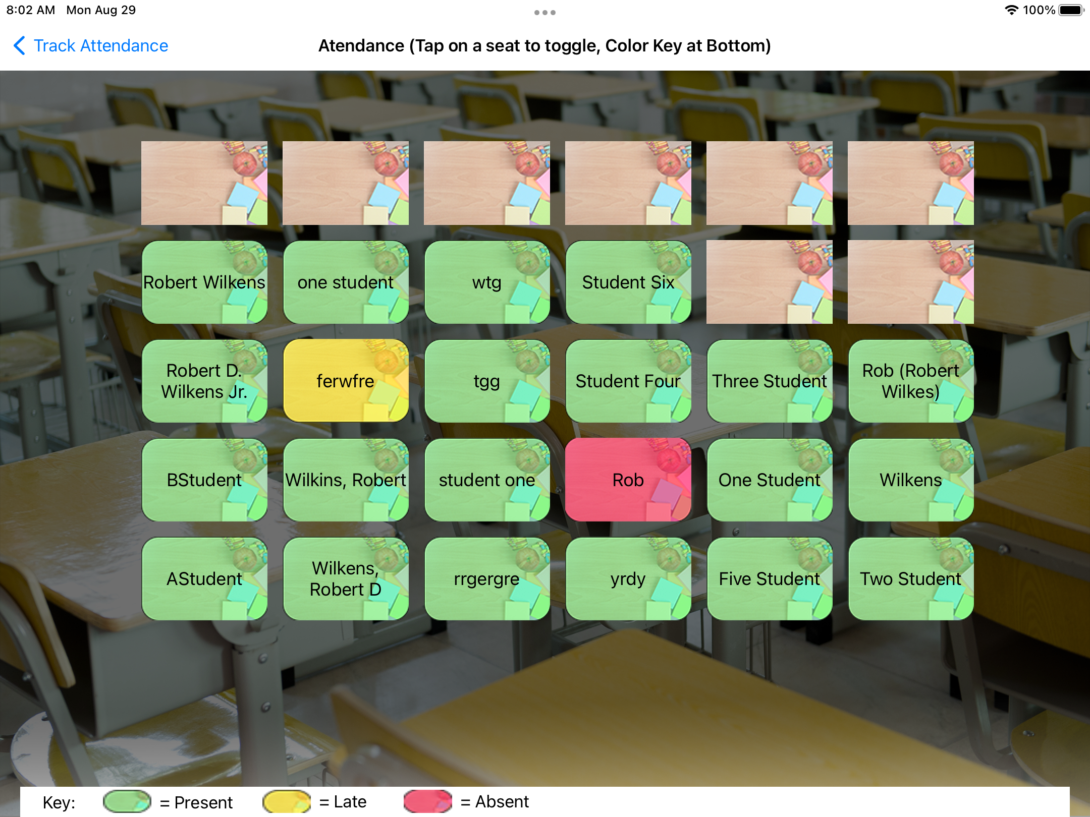 row column seating chart on ipad sample